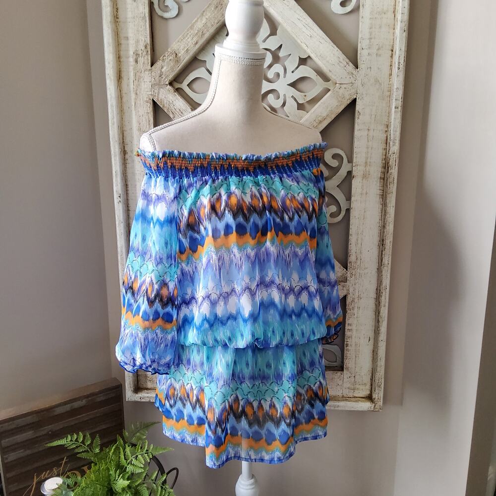 Vision USA Blue Off Shoulder Blouson Cinched Waist Top Large Casual Retro